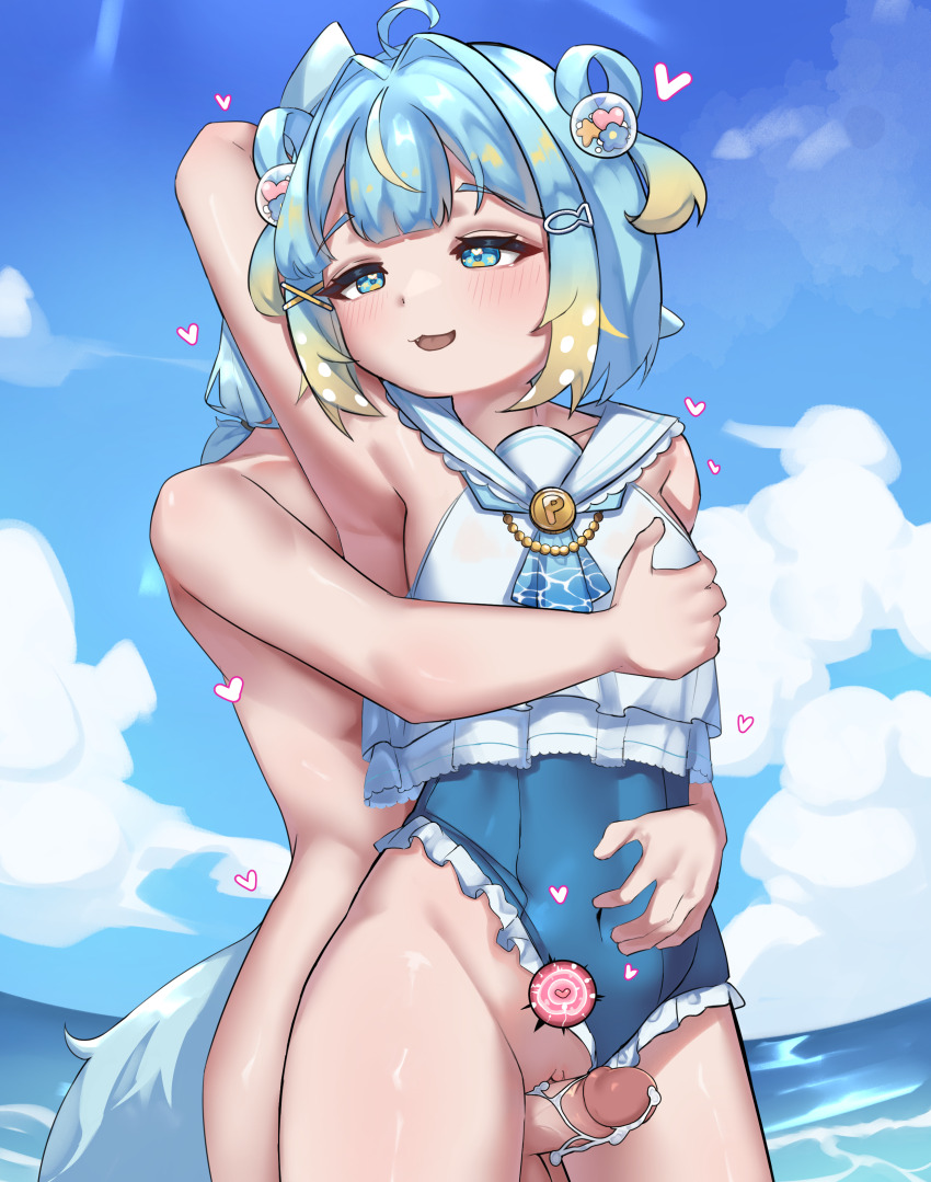 1boy 1girl absurdres after_ejaculation after_vaginal aftersex belly blue_eyes blue_hair blush blush_stickers cloud cloudy_sky commission cum cum_in_pussy erection fish_hair_ornament frills hair_ornament hand_on_another&#039;s_chest highres impregnation jahe_png multicolored_hair navel ocean open_mouth penis penny_puffball pussy re:loop! sex short_hair sky solo sperm_cell swimsuit tail vaginal virtual_youtuber water x_hair_ornament