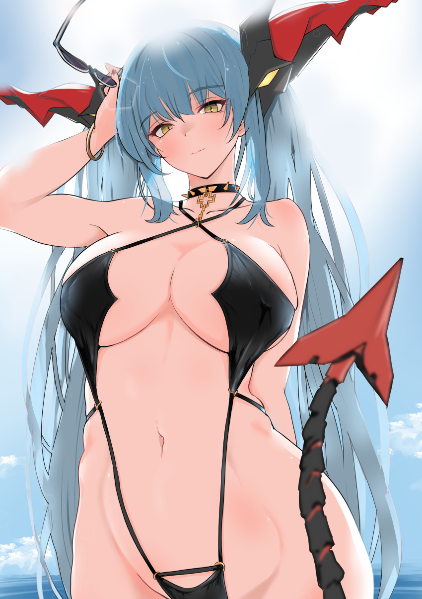 1girl absurdres arm_behind_back azur_lane backlighting black_choker black_one-piece_swimsuit black_slingshot_swimsuit blue_hair blue_sky bracelet breasts choker cloud day gold_bracelet highres holding holding_removed_eyewear horns large_breasts long_hair mechanical_horns navel one-piece_swimsuit outdoors p.i.t.d regensburg_(azur_lane) regensburg_(dark_dragon_brilliant_beach)_(azur_lane) revealing_clothes sky slingshot_swimsuit solo spiked_choker spikes stomach sunglasses swimsuit twintails unworn_eyewear very_long_hair yellow_eyes
