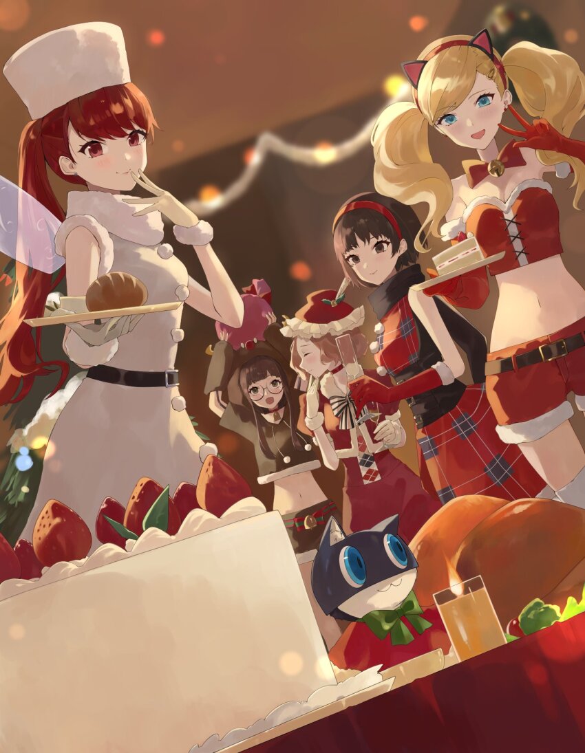 5girls alternate_costume angel_wings animal_costume animal_ear_hairband animal_ears black-framed_eyewear black_hair blonde_hair blue_eyes brown_eyes brown_hair cake cat_ear_hairband cat_ears christmas cup dress earrings elbow_gloves fake_animal_ears finger_to_mouth food fruit fur-trimmed_jacket fur_trim glasses gloves hair_ornament hairband hat highres holding holding_cup holding_food jacket jewelry konchi_(63438789) long_hair multiple_girls niijima_makoto okumura_haru one_eye_closed orange_hair persona persona_5 persona_5_the_royal ponytail red_eyes red_gloves red_hair reindeer_costume sakura_futaba santa_costume santa_dress short_hair skirt strawberry strawberry_shortcake takamaki_anne twintails v wings yoshizawa_sumire