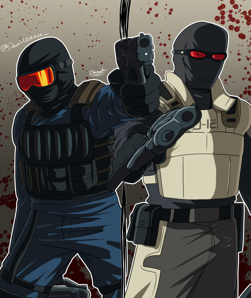 2boys absurdres ammunition_pouch armor artist_name balaclava belt blood blue_pants blue_shirt body_armor bulletproof_vest commentary covered_face crossover danielfs english_commentary f.e.a.r. grey_pants gun handgun highres male_focus multiple_boys pants point_man_(f.e.a.r.) pouch red_goggles shirt simple_background subject_106_(trepang2) submachine_gun trait_connection trepang2 weapon white_armor