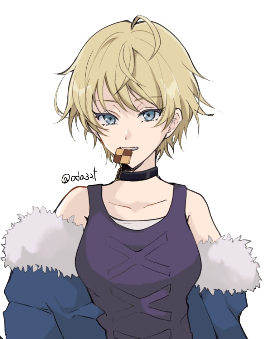1girl bare_shoulders black_choker black_shirt blonde_hair blue_eyes blue_jacket choker collarbone fire_emblem fire_emblem_engage food_in_mouth highres jacket looking_at_viewer merrin_(fire_emblem) nintendo oda32t off_shoulder shirt short_hair sleeveless sleeveless_shirt solo teeth twitter_username upper_body