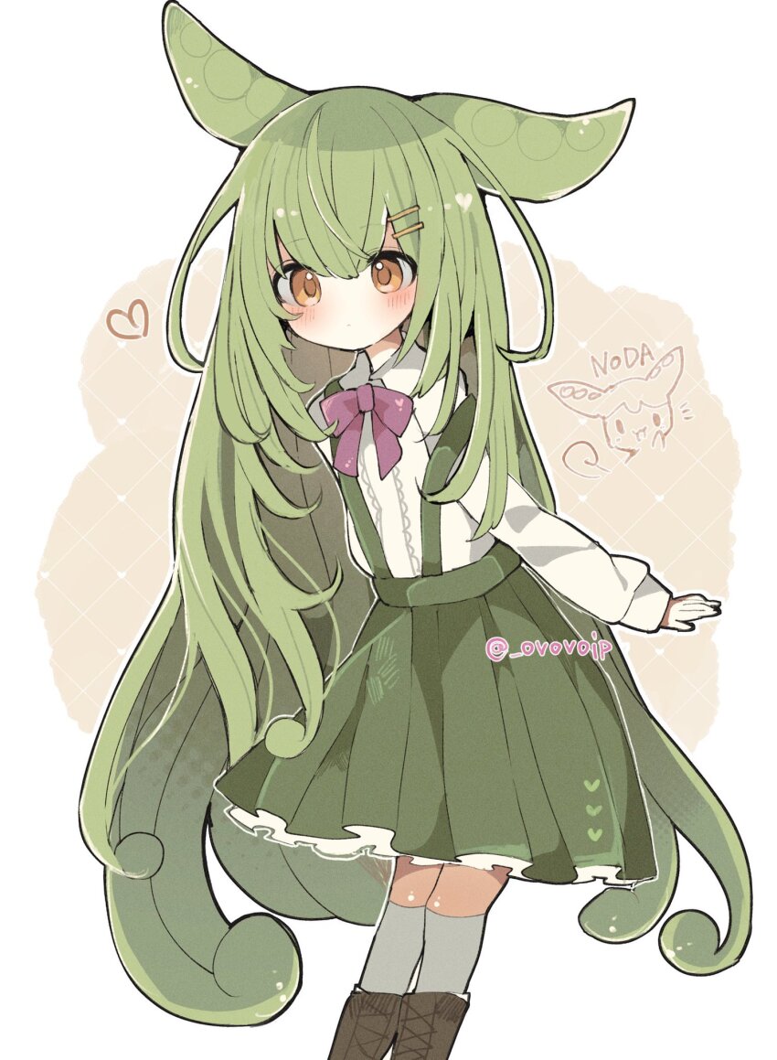 1girl alternate_hair_length alternate_hairstyle blush bow bowtie center_frills closed_mouth collared_shirt commentary dot_mouth feet_out_of_frame frills green_hair green_skirt hair_ornament hairclip heart highres long_hair long_sleeves looking_at_viewer miniskirt ojou-sama_zundamon orange_eyes ovoip pleated_skirt purple_bow purple_bowtie shirt sidelocks simple_background skirt socks solo standing suspender_skirt suspenders twitter_username very_long_hair voiceroid watermark white_background white_shirt white_socks zundamon