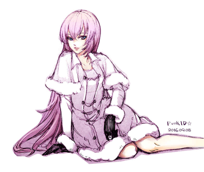 1girl aqua_eyes aqua_hair black_gloves blue_eyes coat dress dye_(vocaloid) finger_to_mouth funkid fur_coat fur_trim gloves highres megurine_luka multiple_girls pink_hair project_diva_(series) project_diva_f_2nd sitting solo twintails vocaloid
