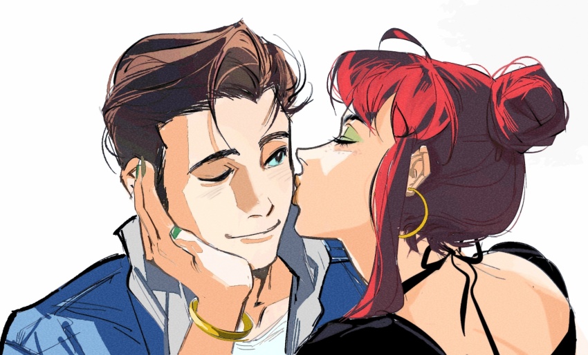 1boy 1girl bangle black_dress black_ribbon blue_eyes blue_jacket blue_nails bracelet brown_hair chinese_commentary closed_eyes closed_mouth couple dress earrings eyeshadow green_eyeshadow hair_bun hand_on_another&#039;s_face hetero highres jacket jewelry kiss kissing_cheek looking_at_another lun_chuan_weizhi makeup marvel mary_jane_watson nail_polish one_eye_closed open_clothes open_jacket peter_parker puffy_short_sleeves puffy_sleeves red_hair red_lips ribbon shirt short_hair short_hair_with_long_locks short_sleeves sidelocks simple_background smile spider-man_(series) t-shirt upper_body white_background white_shirt