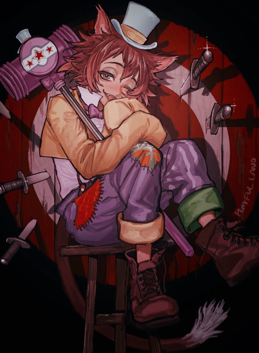 1boy animal_ears boots brown_hair cat_boy cat_ears cat_tail dagger full_body gidel_(twisted_wonderland) hat highres holding holding_mallet knife long_sleeves male_focus mallet mini_hat mini_top_hat runa_3152 short_hair sitting sleeves_past_fingers sleeves_past_wrists solo spotlight stool tail target top_hat twisted_wonderland weapon