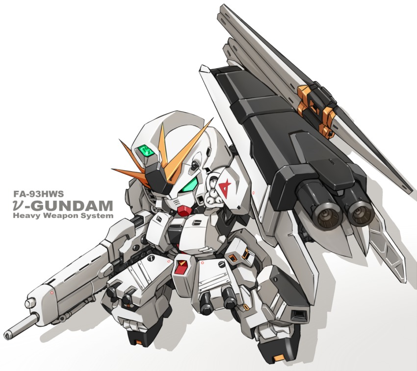 armor beam_rifle char&#039;s_counterattack character_name chibi energy_gun english_text fin_funnels full_armor green_eyes gundam karukan_(monjya) mecha no_humans nu_gundam nu_gundam_hws robot sd_gundam shield weapon