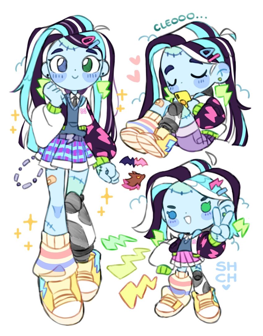 1girl ahoge bat_(animal) black_hair blue_eyes blue_hair blue_skin blue_skirt clawdeen_wolf clenched_hands closed_eyes closed_mouth colored_skin deformed denim denim_shorts dot_nose draculaura earrings frankie_stein full_body green_eyes hair_behind_ear hand_up heart heterochromia highres holding holding_phone hood hood_down hooded_jacket jacket jewelry kneehighs knees_up lightning_bolt_earrings lightning_bolt_print lightning_bolt_symbol long_hair long_sleeves looking_at_viewer loose_socks mechanical_legs miniskirt monster_high monster_high_(g3) multicolored_hair multiple_views no_pupils open_clothes open_jacket phone plaid_clothes plaid_skirt pleated_skirt puffy_long_sleeves puffy_sleeves purple_shorts sharpycharot shoes shorts single_mechanical_leg single_sock sitting skirt smile socks sparkle standing stitched_face stitched_leg stitches streaked_hair striped_clothes striped_socks u_u v white_hair white_jacket yellow_shoes yellow_socks