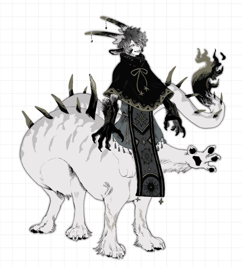 1boy animal_ears animal_feet animal_hands black_capelet capelet centauroid claws collared_capelet extra_legs fire flame-tipped_tail full_body grey_hair grey_sash grid_background highres horn_ornament horns male_focus monster_boy muted_color neck_ribbon original pawpads ribbon rope_belt simple_background spines striped_fur tail tassel taur white_background white_fur zumi3