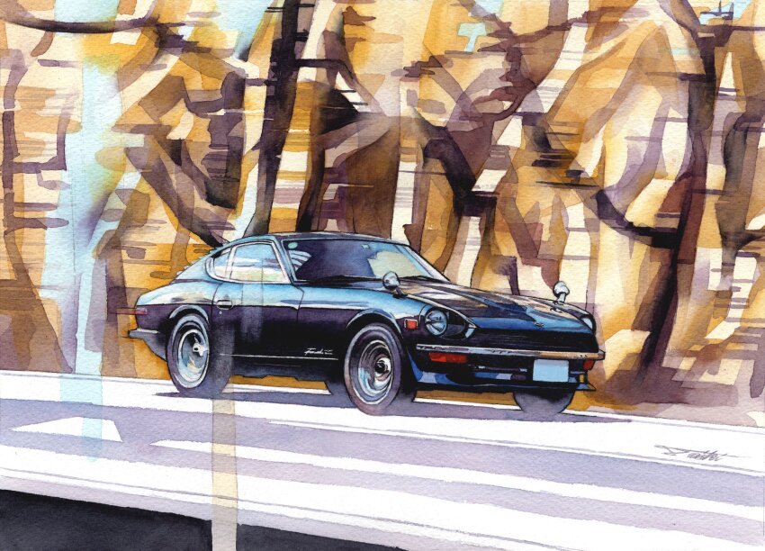 absurdres black_car car datsun datsun_240z forest highres kosaka_daiki motion_blur motor_vehicle nature nissan nissan_fairlady_z no_humans original shadow signature sports_car traditional_media vehicle_focus