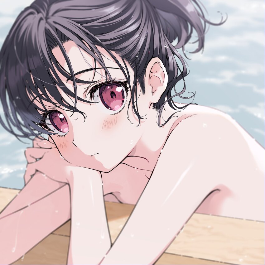 1girl absurdres bathing black_hair blush close-up expressionless hair_bun highres looking_at_viewer nikyuppa nude onsen original pink_eyes solo water wet