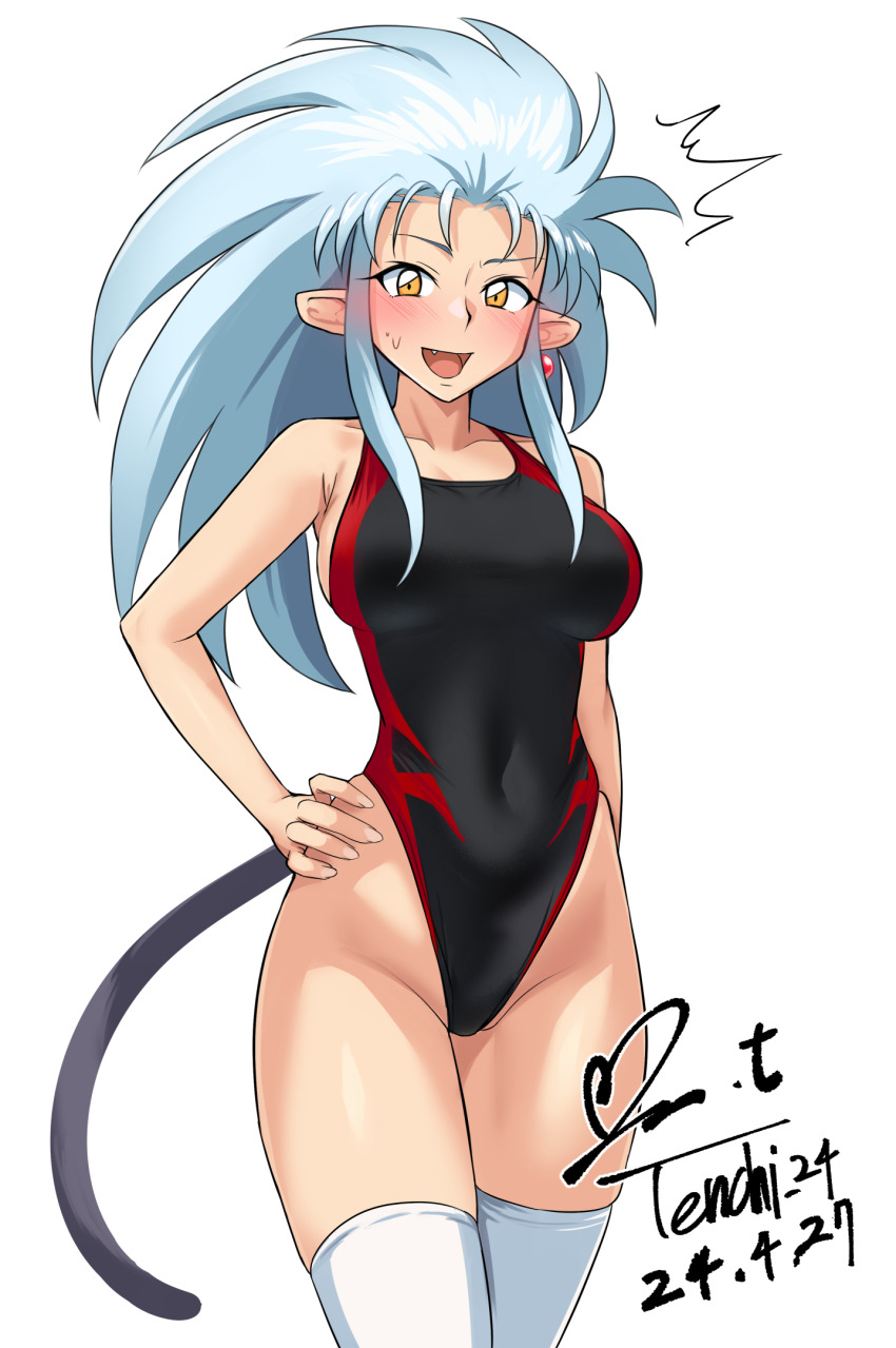 1girl ^^^ big_hair black_one-piece_swimsuit blue_hair blush breasts competition_swimsuit covered_navel dated groin highleg highleg_one-piece_swimsuit highres large_breasts long_hair looking_at_viewer nose_blush one-piece_swimsuit open_mouth ryouko_(tenchi_muyou!) signature simple_background solo spiked_hair swimsuit tail tenchi_muyou! thighhighs twitter_username two-tone_swimsuit white_background white_thighhighs yellow_eyes yoo_tenchi