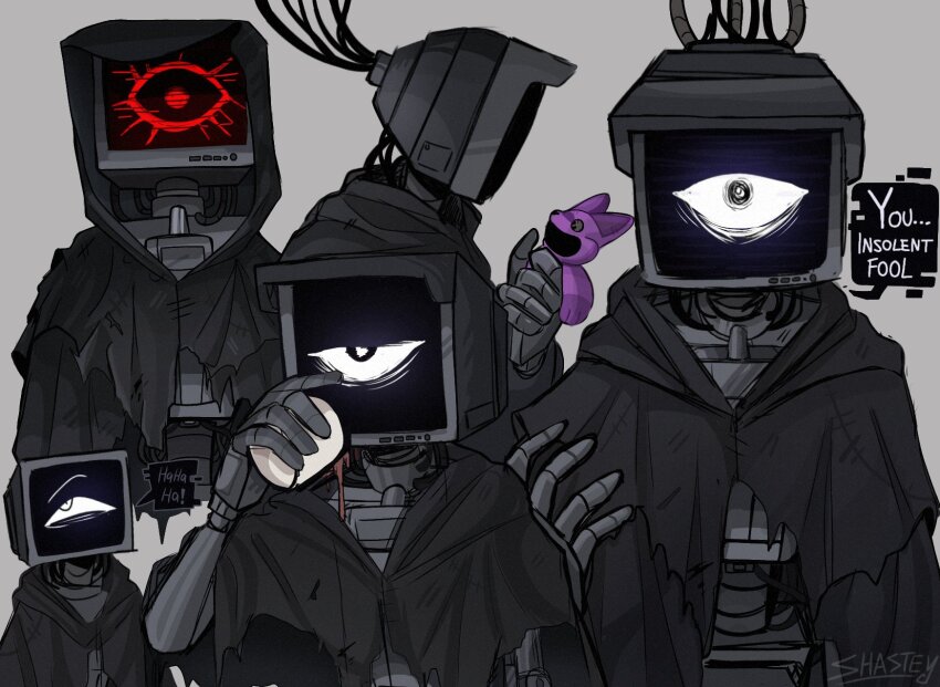 artist_name black_cape cable cape commentary cup dr._harley_sawyer_(poppy_playtime) english_commentary english_text grey_background highres holding holding_cup multiple_views no_humans object_head poppy_playtime robot shast3yy simple_background speech_bubble spilling torn_cape torn_clothes