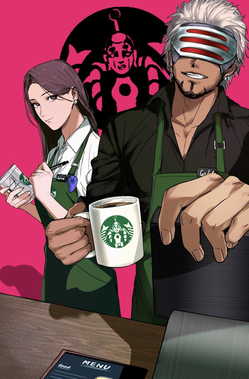 1boy 1girl ace_attorney amikoiiko black_shirt brown_hair coffee_mug cup dark-skinned_male dark_skin eye_mask facial_hair godot_(ace_attorney) highres mia_fey mug shirt spiked_hair white_hair