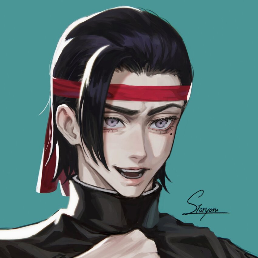 1boy artist_name black_hair blue_background chainsaw_man gakuran headband highres iseumi_haruka looking_at_viewer mole mole_under_eye open_mouth red_headband school_uniform short_hair signature simple_background single_sidelock smile solo staryoruu