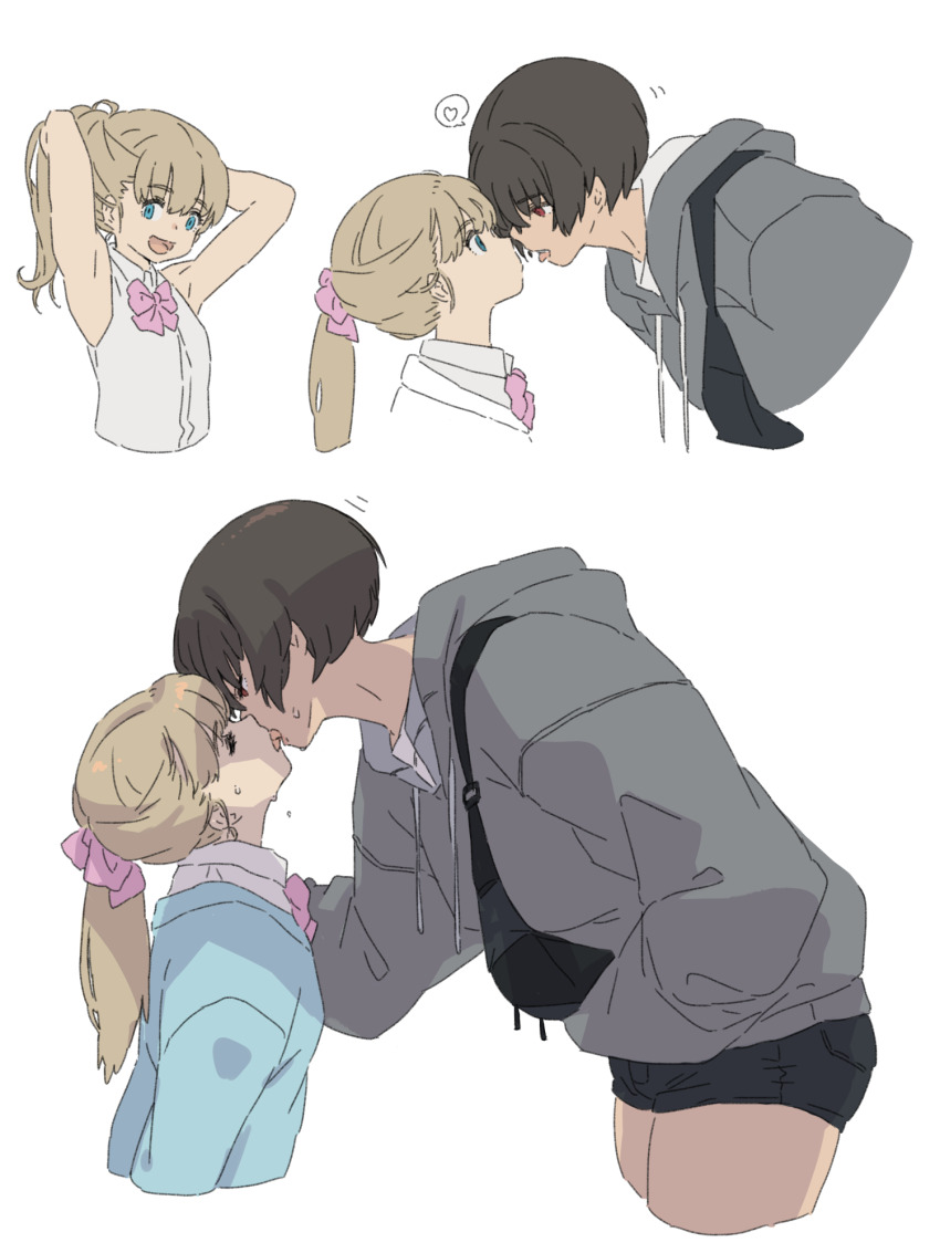 2girls :d armpits black_shorts blue_eyes bow bowtie brown_hair closed_eyes eye_contact french_kiss heart height_difference highres kei_(m_k) kiss long_hair looking_at_another looking_at_viewer m_k multiple_girls open_mouth original pink_bow pink_bowtie ponytail red_eyes rika_(m_k) shirt short_hair shorts simple_background size_difference sleeveless sleeveless_shirt smile spoken_heart sweat tomboy tongue tongue_out white_background white_shirt yuri