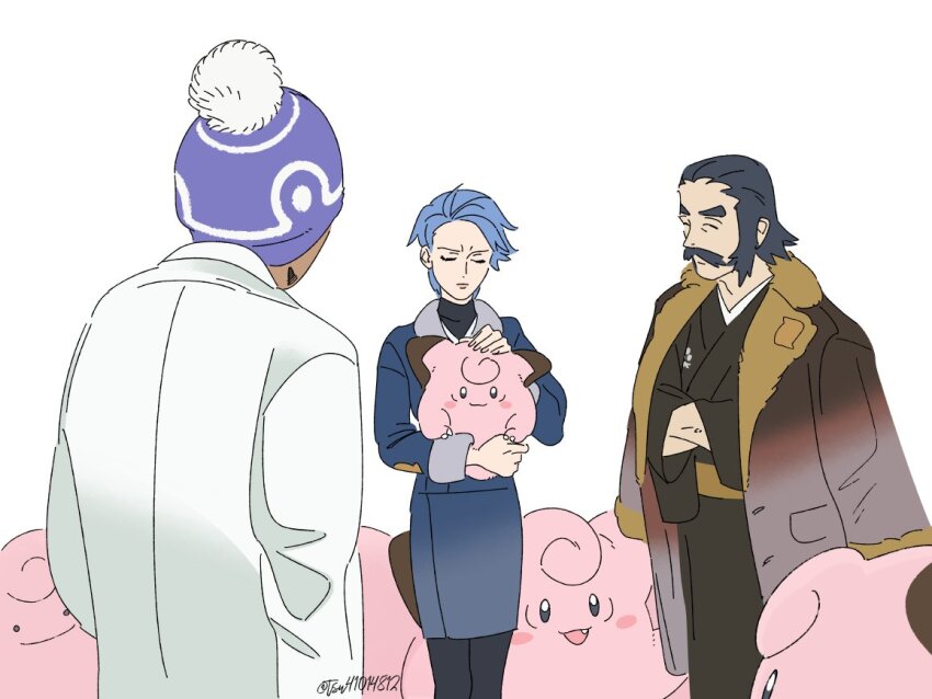 1girl 2boys beanie black_hair black_kimono black_pantyhose blue_hair blue_jacket blue_skirt brown_coat clefairy closed_eyes closed_mouth coat commentary_request cyllene_(pokemon) ditto facial_hair gen_1_pokemon hat holding holding_pokemon jacket japanese_clothes kamado_(pokemon) kimono professor_laventon multiple_boys mustache nintendo pantyhose pokemon pokemon_(creature) pokemon_legends:_arceus purple_headwear short_hair skirt standing transformed_ditto tsuruba_(tsu41014812) white_background white_coat