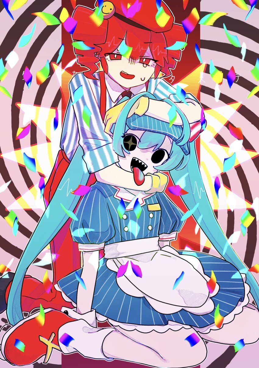 2girls apron black_eyes blue_hair blue_hat confetti dress drill_hair gloves hat hatsune_miku highres kasane_teto kneeling looking_at_viewer lunch_ip mesmerizer_(vocaloid) mismatched_pupils multiple_girls open_mouth pants pinstripe_dress pinstripe_hat pinstripe_pattern puffy_short_sleeves puffy_sleeves red_eyes red_hat red_pants red_shoes sharp_teeth shoes short_sleeves smiley_hat_ornament spiral_background suspenders teeth tongue tongue_out twin_drills utau vocaloid waist_apron yellow_gloves