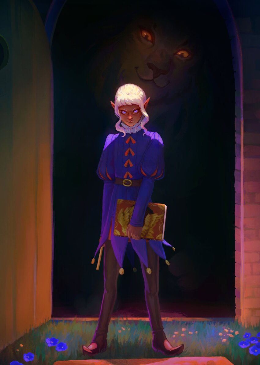 1boy absurdres animal baronessgremlin belt black_footwear blue_eyes book boots closed_mouth commentary dark-skinned_male dark_skin dungeon_meshi elf english_commentary frown full_body grass grimoire highres holding holding_book jester_costume juliet_sleeves legs_apart lion long_sleeves looking_at_viewer male_focus neck_ruff open_door orange_eyes pointy_ears puff_and_slash_sleeves puffy_sleeves purple_eyes red_footwear sidelocks spoilers standing thistle_(dungeon_meshi) wavy_hair white_hair winged_lion_(dungeon_meshi)