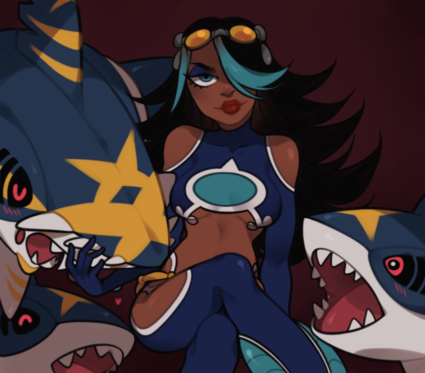 10s 1girl absurdres blush breasts clothing_cutout crossed_legs dark_background dark_skin fangs fins gen_3_pokemon goddamnpancakes goggles headpat heart highres looking_at_viewer mega_pokemon mega_sharpedo midriff multicolored_hair nintendo pokemon pokemon_(creature) pokemon_oras sharpedo shelly_(pokemon) shelly_(pokemon_oras) shoulder_cutout side_cutout sitting spikes team_aqua two-tone_hair underboob