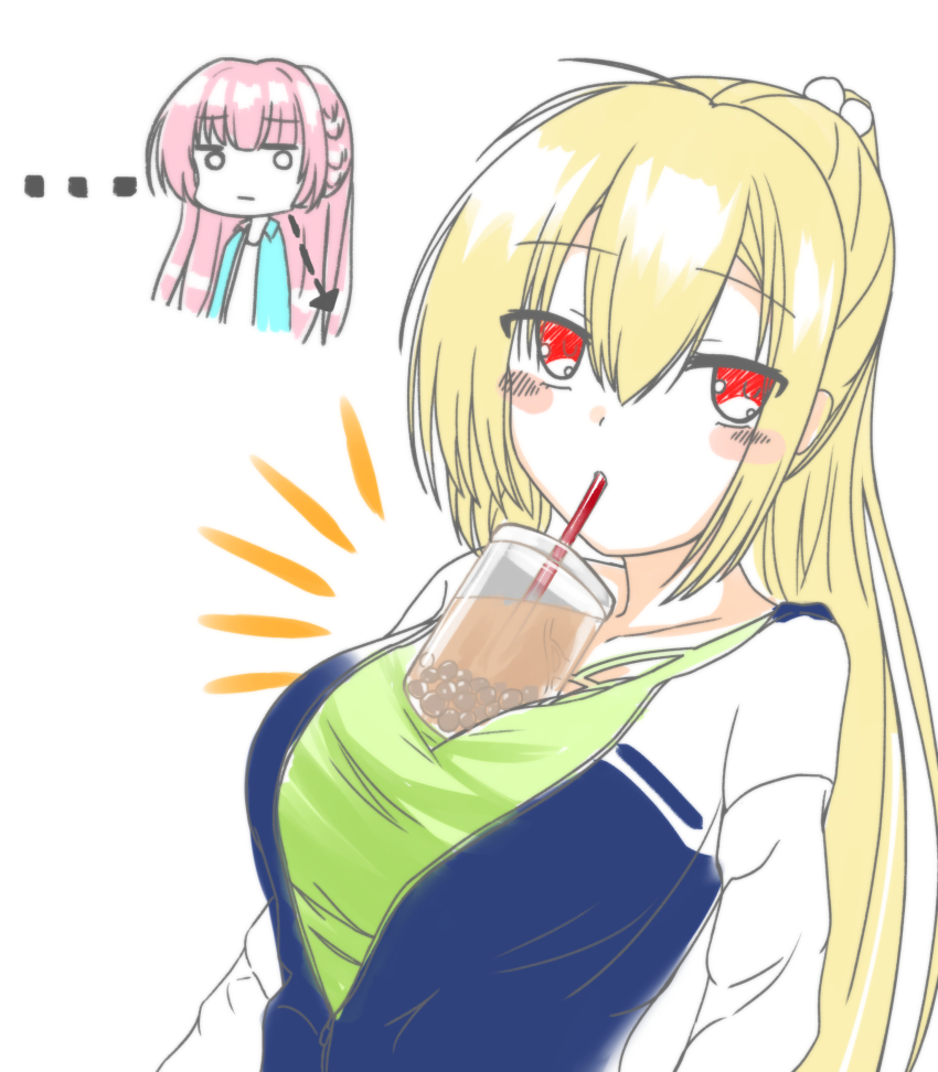 ... 2girls :| absurdres ahoge arihara_nanami arrow_(symbol) blonde_hair blue_jacket blunt_bangs blush_stickers braid breast_envy breasts bubble_tea_challenge casual chibi chibi_inset closed_mouth commentary_request cropped_torso cup diad_snow disposable_cup drinking_straw drinking_straw_in_mouth expressionless eyes_visible_through_hair green_shirt hair_between_eyes hair_ornament highres jacket jitome large_breasts long_hair long_sleeves looking_at_breasts looking_at_viewer mitsukasa_ayase multicolored_jacket multiple_girls notice_lines o_o open_clothes open_jacket pink_hair pom_pom_(clothes) pom_pom_hair_ornament ponytail red_eyes riddle_joker shirt side_braid sidelocks simple_background solo_focus straight_hair two-tone_jacket upper_body very_long_hair white_background white_sleeves