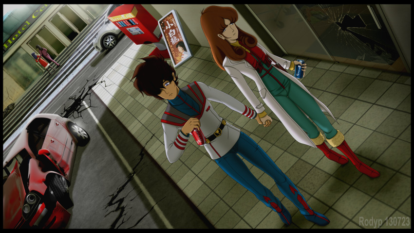 1980s_(style) 2boys 2girls choujikuu_yousai_macross coat couple crack damaged destruction dutch_angle formal_clothes hayase_misa highres holding_hands hotel ichijou_hikaru lisa_hayes lynn_kaifun lynn_minmay macross military military_uniform multiple_boys multiple_girls official_style oldschool retro_artstyle rick_hunter road robot robotech rodypaxten science_fiction sdf-1 soda spacecraft_interior spanish_commentary street vending_machine wreckage