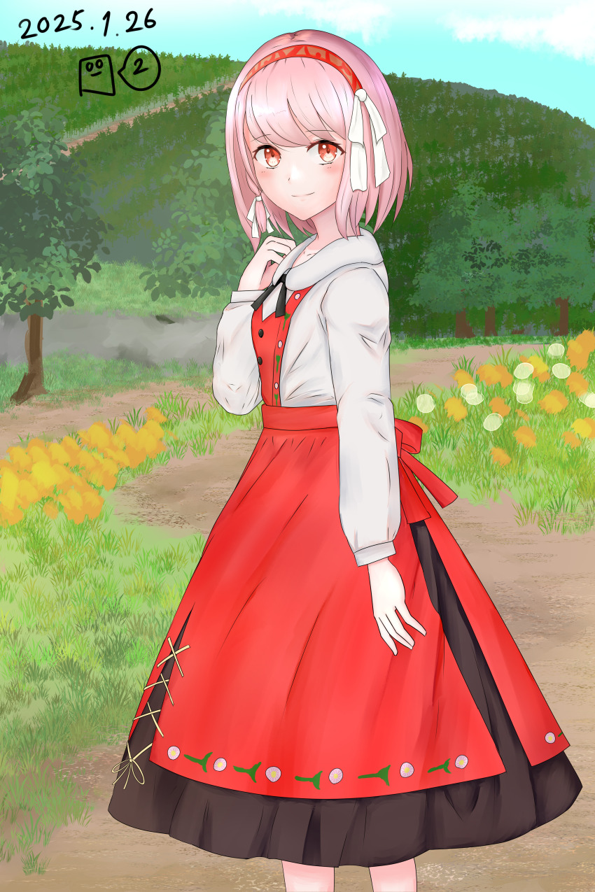 1girl absurdres braid bride fire_emblem fire_emblem_engage grey_hairband hair_ribbon hairband highres kogepanover lapis_(fire_emblem) looking_at_viewer nintendo outdoors pink_eyes pink_hair red_hairband ribbon shirt_under_dress side_braid smile solo two-tone_hairband white_ribbon