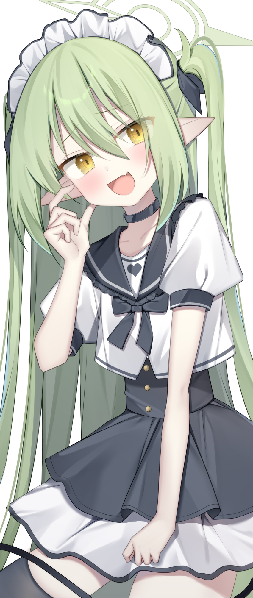 1girl :d absurdres alternate_costume black_choker black_sailor_collar black_skirt black_thighhighs blue_archive choker commentary_request fang green_hair green_halo hair_between_eyes halo hanasaki_rin heart highres long_hair looking_at_viewer maid_headdress nozomi_(blue_archive) open_mouth pointy_ears sailor_collar shirt single_thighhigh skirt smile solo thighhighs tongue two_side_up very_long_hair white_shirt yellow_eyes