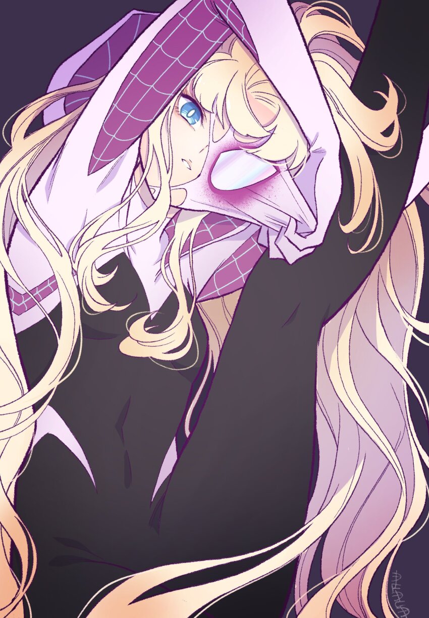 1girl black_background black_bodysuit blonde_hair blue_eyes bodysuit commentary covered_navel gwen_stacy highres hood hooded_bodysuit leg_up long_hair looking_at_viewer marvel mask parted_lips solo spider-gwen spider-man_(series) sushi_pizza_rrr two-tone_bodysuit very_long_hair white_bodysuit