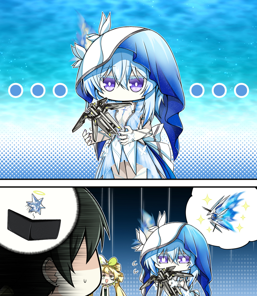black_hair blonde_hair blue_bow blue_bowtie blue_butterfly blue_dress blue_hair blue_nails blue_veil bow bowtie bug butterfly butterfly_hair_ornament commentary crying dress green_eyes hair_ornament highres holding holding_weapon insect jazz9207 male_rover_(wuthering_waves) ocean ocean_background open_mouth purple_eyes rover_(wuthering_waves) sad saddle shorekeeper_(wuthering_waves) tacet_mark_(wuthering_waves) twintails two-tone_background two-tone_veil veil verina_(wuthering_waves) weapon white_veil wuthering_waves