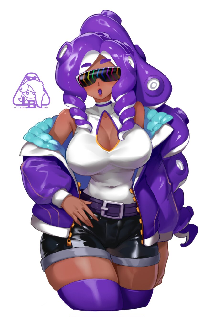 1girl absurdres artist_logo artist_name belt black_shorts breasts cleavage cleavage_cutout clothing_cutout dark-skinned_female dark_skin highres indie_virtual_youtuber jacket large_breasts little123blood logo long_hair momma_occo nintendo octoling open_clothes open_jacket open_mouth purple_belt purple_hair purple_jacket purple_thighhighs short_shorts shorts simple_background splatoon_(series) sunglasses tank_top tentacle_hair thighhighs virtual_youtuber white_background white_tank_top