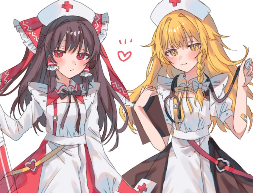 2girls amatukimahoro apron blonde_hair blush bow braid brown_hair cross dress frilled_bow frilled_hair_tubes frills hair_bow hair_tubes hakurei_reimu hat heart highres holding holding_stethoscope kirisame_marisa long_hair multiple_girls nurse nurse_cap red_bow red_eyes side_braid single_braid smile stethoscope touhou white_bow yellow_eyes