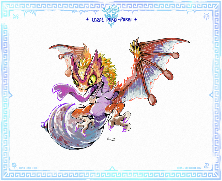 border character_name coral_pukei-pukei dated dragon eliz0r email_address highres long_tongue monster monster_hunter:_world monster_hunter_(series) monster_hunter_world:_iceborne no_humans signature simple_background slit_pupils tongue tumblr_username yellow_eyes