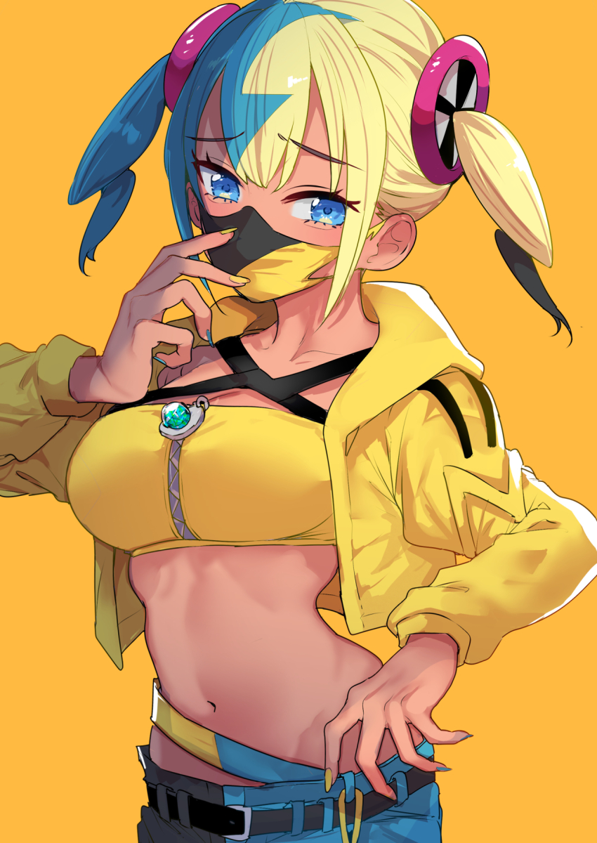1girl bandeau black_hair black_mask blonde_hair blue_eyes blue_hair blue_nails breasts canari_(pokemon) collarbone commentary_request dark-skinned_female dark_skin fingernails highres jacket looking_at_viewer mask medium_breasts midriff mouth_mask multicolored_hair multicolored_nails nail_polish nakasone_haiji navel nintendo open_clothes open_jacket orange_background pokemon pokemon_legends:_z-a simple_background solo twintails two-tone_mask yellow_bandeau yellow_jacket yellow_mask yellow_nails