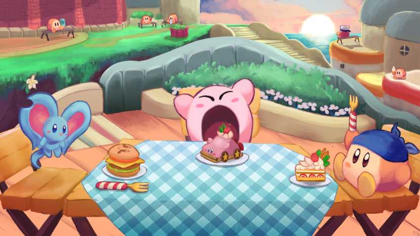 animal_ears bandana bandana_waddle_dee bench blue_bandana blush_stickers burger bush cake cake_slice car-mouth_cake elfilin flower food fork hat holding holding_fork kirby kirby_(series) kirby_and_the_forgotten_land kirby_burger lizzle_(_dufz5278) mouse_ears nintendo no_humans notched_ear open_mouth outdoors plate sailor_hat sailor_waddle_dee solid_oval_eyes waddle_dee