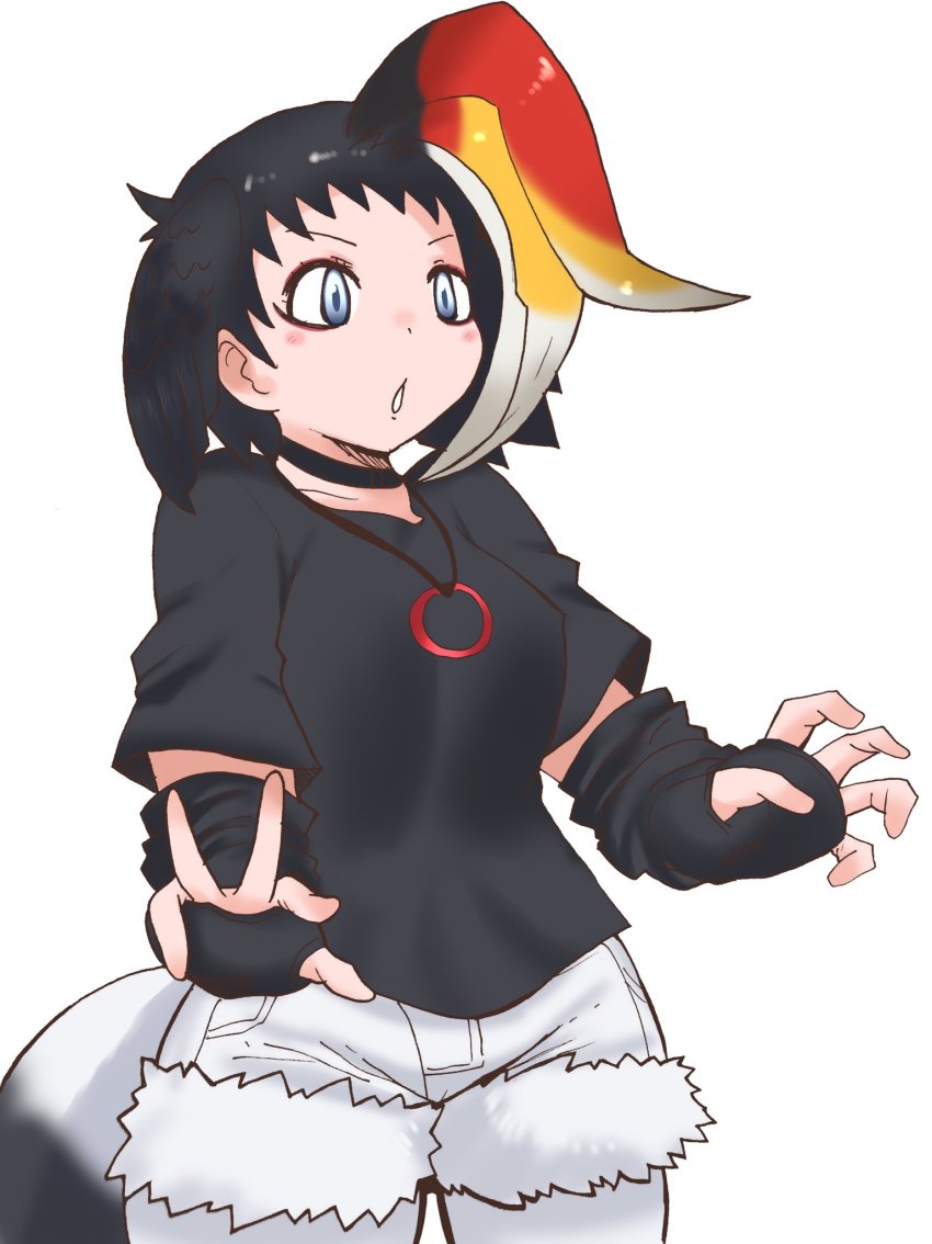 black_hair blue_eyes cats_yone gloves highres kemono_friends kemono_friends_3 rhinoceros_hornbill_(kemono_friends) shirt tail