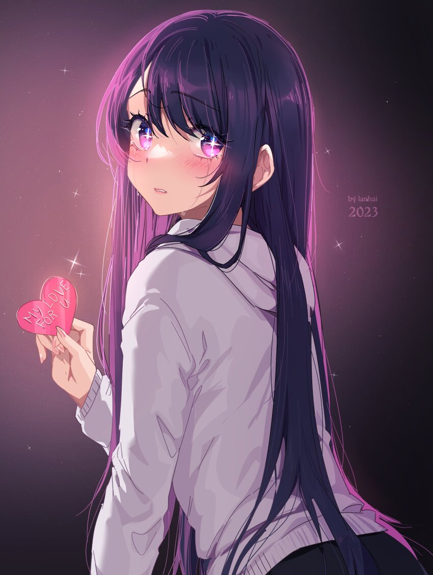 1girl absurdres artist_name blush commentary crying crying_with_eyes_open frown heart_card highres holding hood hood_down hoodie hoshino_ai lanhai long_hair long_sleeves looking_at_viewer looking_back oshi_no_ko pants purple_eyes purple_hair solo star-shaped_pupils star_(symbol) streaming_tears symbol-shaped_pupils tears