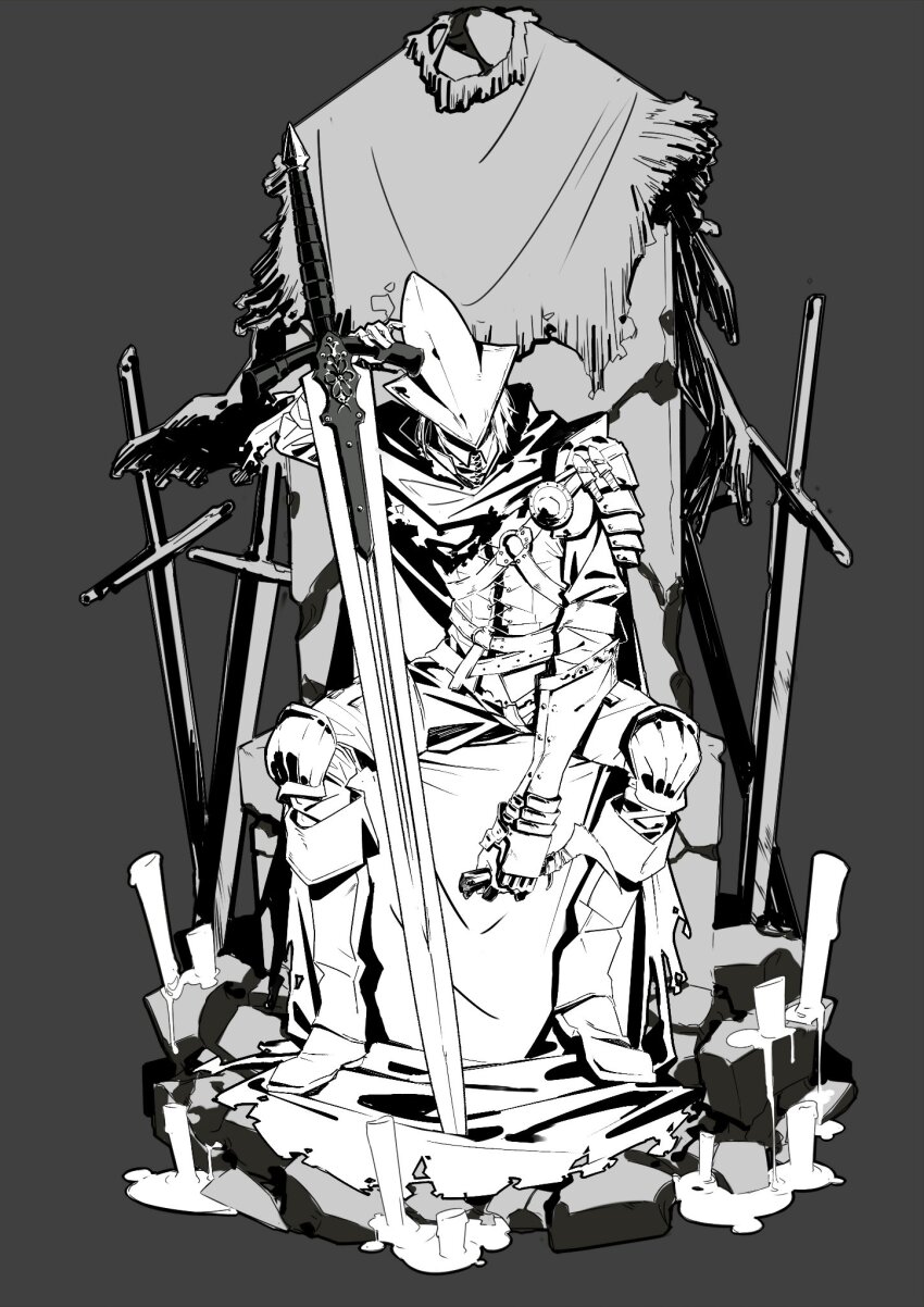 abyss_watcher armor belt boots candle candle_wax cape dagger dark_souls_(series) dark_souls_iii dual_wielding gauntlets grey_background greyscale helmet highres holding holding_dagger holding_knife holding_sword holding_weapon knife male_focus monochrome multiple_swords pauldrons shoulder_armor simple_background sitting sitting_on_throne solo sword taisowbukurow throne weapon white_hair