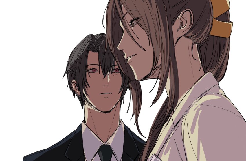 1boy 1girl amikoiiko black_hair black_jacket black_suit brown_eyes brown_hair collared_shirt commentary dirge_of_cerberus_final_fantasy_vii english_commentary facing_to_the_side final_fantasy final_fantasy_vii formal_clothes hair_ribbon high_ponytail highres jacket lab_coat lapels lips long_hair looking_at_another lucrecia_crescent necktie notched_lapels ponytail portrait red_eyes ribbon shirt short_hair smile suit suit_jacket teeth turks_(ff7) vincent_valentine white_shirt yellow_ribbon