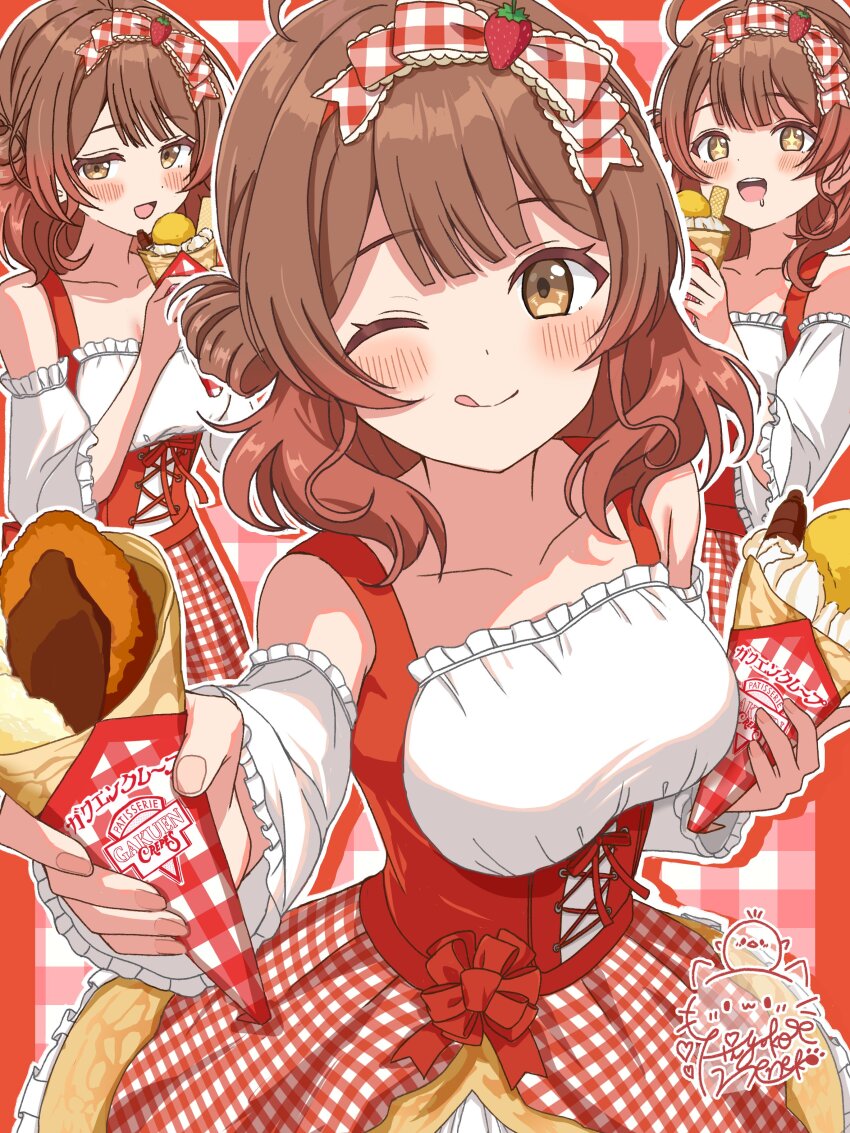 +_+ 1girl ;) absurdres ahoge blush bow breasts brown_hair corset crepe detached_sleeves food gakuen_idolmaster hair_bow hanami_ume highres hiyoko_neneko holding holding_food idolmaster looking_at_viewer medium_breasts multiple_views one_eye_closed outline plaid_background signature smile tongue tongue_out white_outline