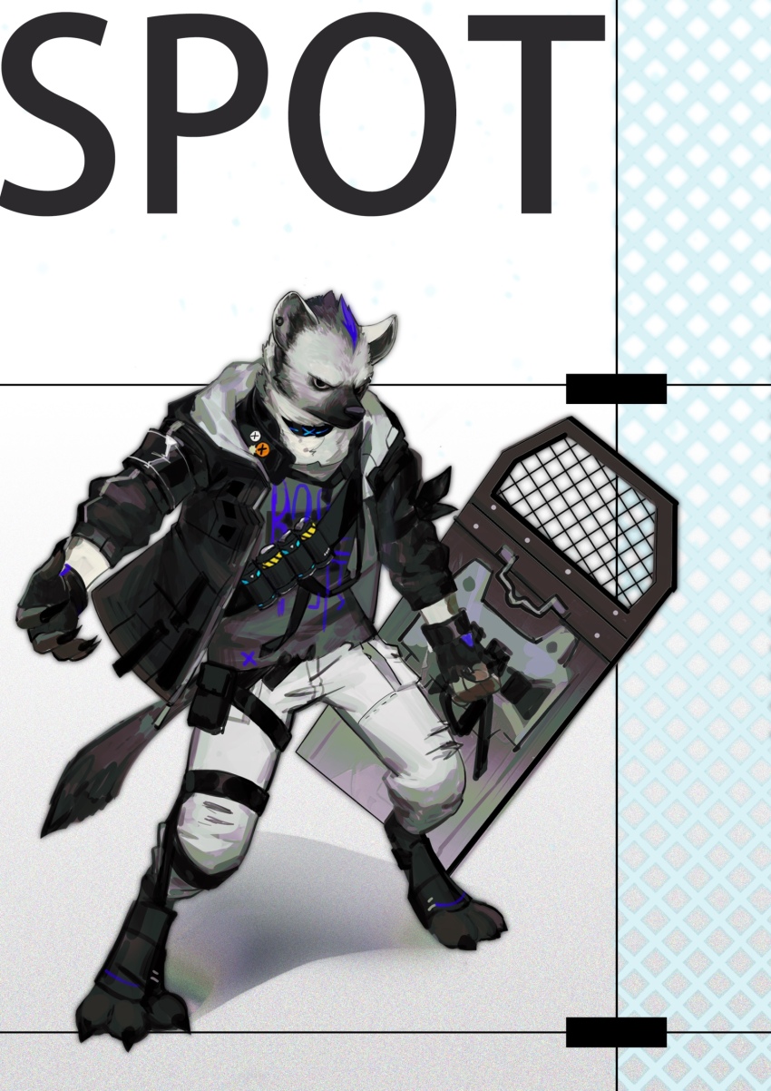 1boy arknights ballistic_shield black_hair black_jacket character_name claws closed_mouth endless_(1482999) fingerless_gloves furry furry_male gloves grey_fur grey_shirt highres holding holding_shield hyena_boy hyena_ears hyena_tail infection_monitor_(arknights) jacket looking_at_viewer male_focus multicolored_hair pants shield shirt spot_(arknights) streaked_hair torn_clothes torn_pants white_pants