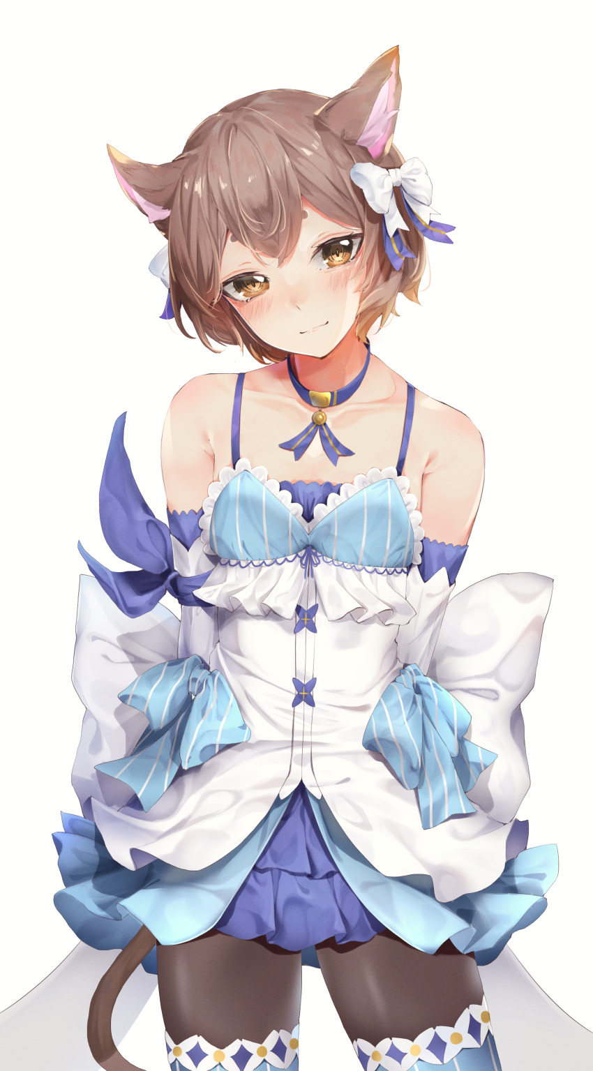1boy absurdres animal_ear_fluff animal_ears arm_ribbon arms_behind_back black_pantyhose blue_dress blue_ribbon blue_thighhighs blush bow brown_eyes brown_hair cat_boy cat_ears cat_tail closed_mouth collar collarbone cowboy_shot crossdressing crossdressing_(mtf) detached_sleeves dress dress_bow felix_argyle frilled_dress frills hair_bow highres layered_dress looking_at_viewer pantyhose re:zero_kara_hajimeru_isekai_seikatsu ribbon short_hair simple_background solo tail thighhighs thighhighs_over_pantyhose trap two-tone_dress white_background white_bow white_dress white_sleeves yuunamida_uyu