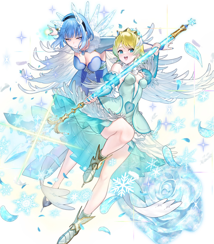 2girls attack backless_dress backless_outfit bare_legs bare_shoulders blonde_hair blue_eyes blue_hair breasts cape cleavage covered_navel dress feather_cape feather_trim fire_emblem fire_emblem_heroes fjorm_(fire_emblem) fjorm_(ice_tribe)_(fire_emblem) highres holding holding_polearm holding_weapon ice_horns ice_skates lance medium_breasts multiple_girls nail_polish nifl_(fire_emblem) nifl_(ice_tribe)_(fire_emblem) nintendo non-web_source official_alternate_costume official_art open_mouth polearm short_hair skates small_breasts smile snowflakes sparkle tiara tutu weapon white_cape