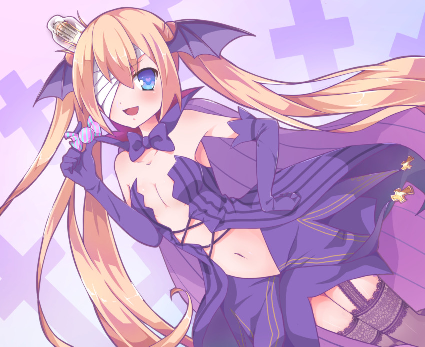 1girl alicia_stringer blonde_hair blue_eyes blush bow bowtie breasts cloak crown female_focus garter_straps head_wings heart heart-shaped_pupils long_hair mini_crown navel open_mouth purple_thighhighs sawara_(starligtvision) shinkukan_dolls small_breasts solo symbol-shaped_pupils thighhighs vacuum_tube virtual_youtuber wings