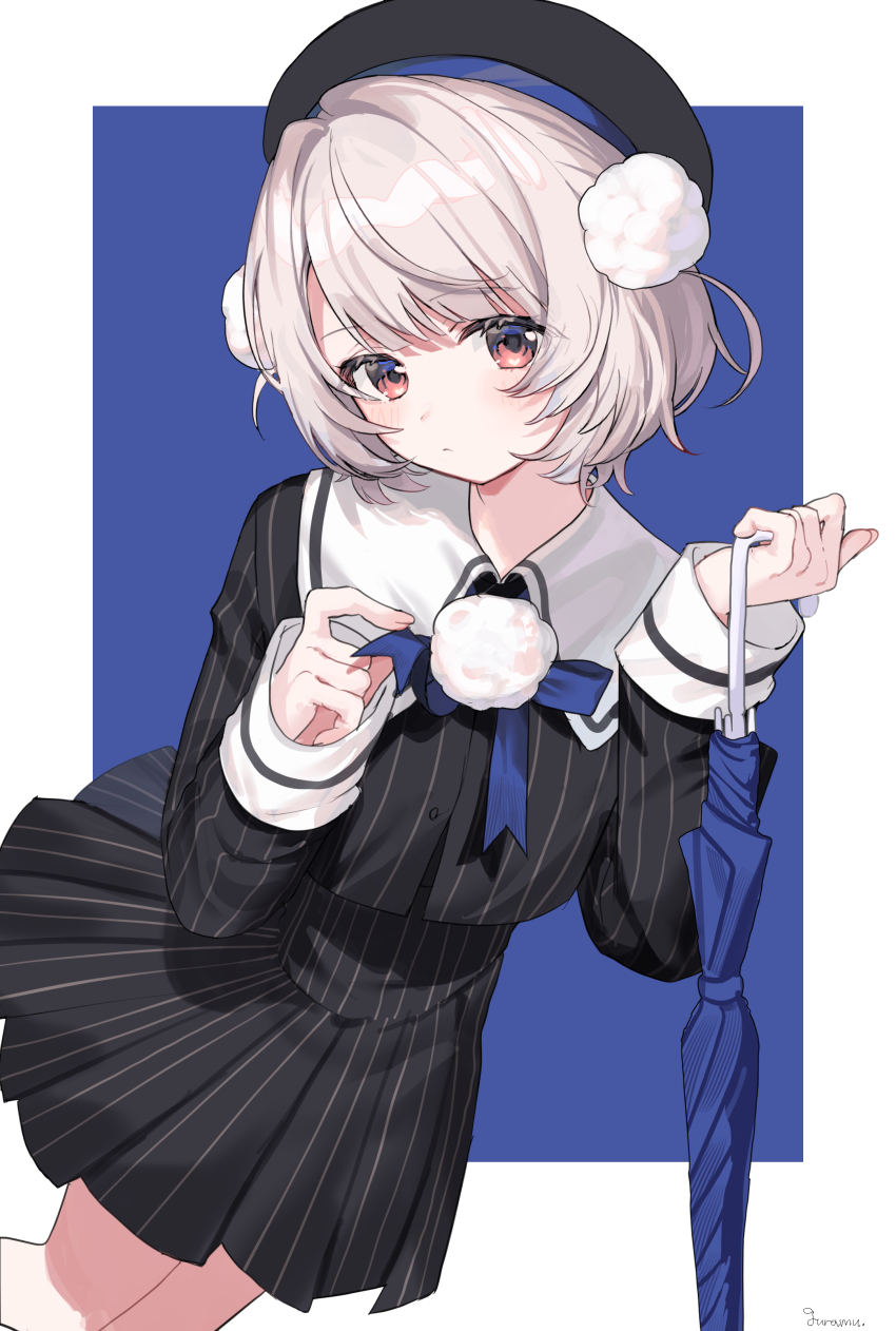 1girl absurdres black_hat black_jacket black_skirt blue_bow blue_bowtie blush bow bowtie closed_umbrella commentary expressionless eyelashes grey_hair guramuli hair_ornament hat head_tilt high-waist_skirt highres holding holding_umbrella jacket legs long_sleeves looking_at_viewer medium_hair miniskirt pinstripe_jacket pinstripe_pattern pinstripe_skirt pleated_skirt pom_pom_(clothes) pom_pom_brooch pom_pom_hair_ornament red_eyes sailor_collar shirt side_part sidelocks signature simple_background skirt solo two_side_up ui_(voisona) umbrella voisona white_sailor_collar wispy_bangs