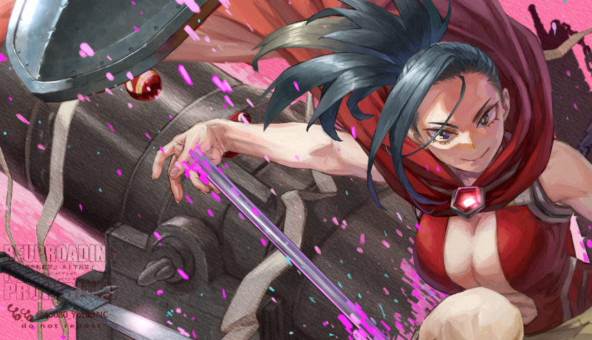 1girl absurdres artist_name black_eyes black_hair boku_no_hero_academia breasts cape center_opening commentary_request female_focus hair_pulled_back highres large_breasts leotard long_hair matching_hair/eyes matryoshka_doll pink_background ponytail red_cape red_leotard shield sleeveless smile solo superhero_costume sword weapon yaoyorozu_momo yomoyama_yotabanashi