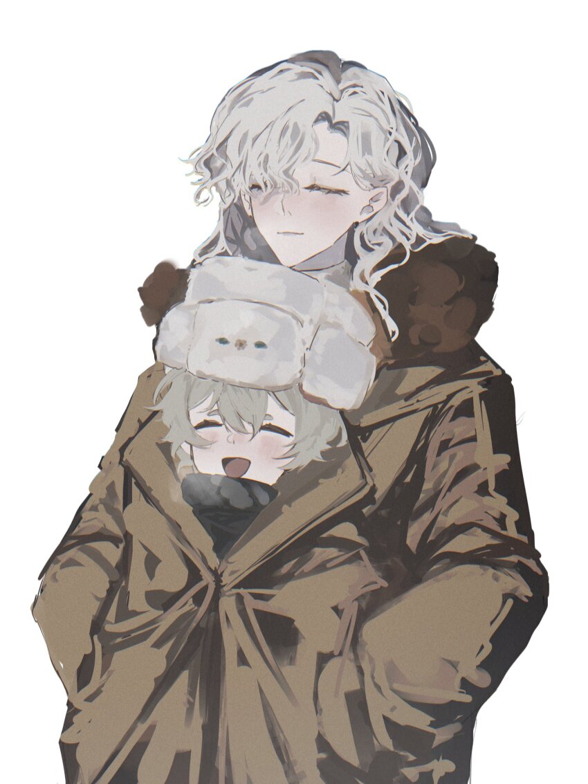 1boy 1girl avgust_(reverse:1999) brown_coat closed_eyes closed_mouth coat grey_hair hands_in_pockets hat highres open_mouth reverse:1999 shared_clothes shared_coat short_hair smile steam_from_mouth upper_body ushanka white_hair white_hat wilson_(wilson1151487) windsong_(reverse:1999)