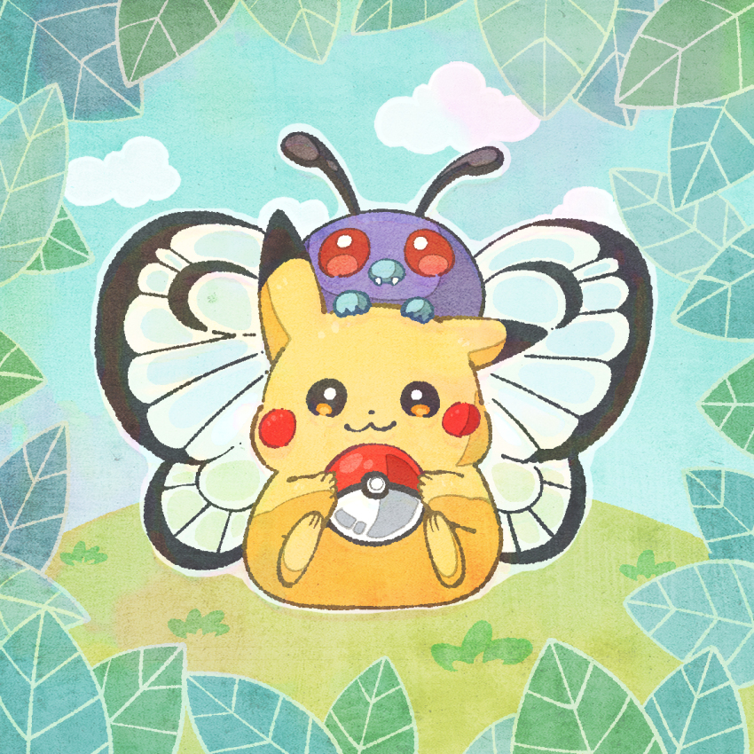 black_eyes bright_pupils butterfree closed_mouth cloud commentary_request fangs full_body gen_1_pokemon grass holding holding_poke_ball imomushi_(pixiv_9001433) leaf nintendo no_humans outdoors pikachu poke_ball poke_ball_(basic) pokemon pokemon_(creature) red_eyes smile white_pupils