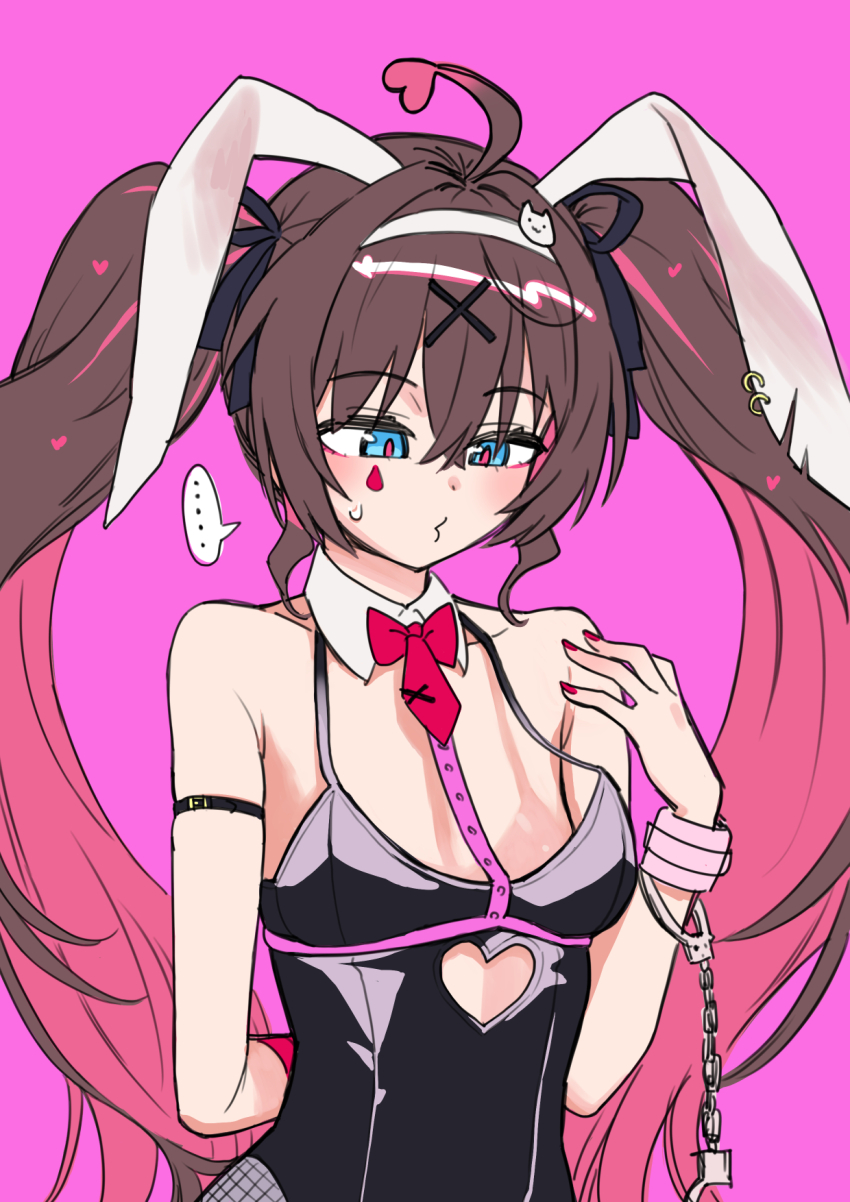 ... 1girl ahoge animal_ears arm_behind_back arm_strap blue_eyes bow bowtie brown_hair cat_hair_ornament clothing_cutout colored_inner_hair commentary cuffs detached_collar facial_mark fake_animal_ears fishnet_pantyhose fishnets flat_chest hair_ornament hairband handcuffs heart_cutout highres hololive leotard long_hair multicolored_hair nail_polish natsuiro_matsuri o3o oversized_breast_cup pantyhose pink_background pink_hair playboy_bunny rabbit_ears red_bow red_bowtie red_nails sabaku_chitai solo spoken_ellipsis sweatdrop twintails two-tone_hair very_long_hair virtual_youtuber white_hairband x_hair_ornament