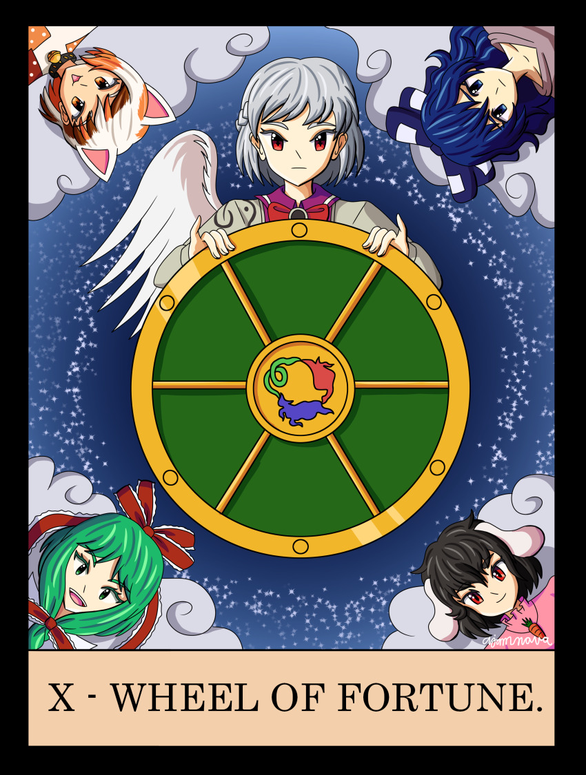 5girls absurdres ajamnova black_hair blue_hair cat_girl goutokuji_mike green_eyes green_hair highres inaba_tewi kagiyama_hina kishin_sagume looking_at_viewer multiple_girls rabbit_girl single_wing smile tarot touhou wheel_of_fortune_(tarot) white_hair wings yorigami_shion