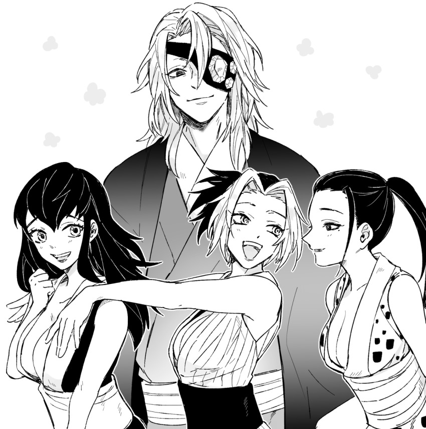 1boy 3girls :d breasts cleavage eyepatch greyscale harem highres hinatsuru_(kimetsu_no_yaiba) husband_and_wives japanese_clothes kimetsu_no_yaiba kimono kkkaaaayyy large_breasts long_hair looking_at_another makio_(kimetsu_no_yaiba) medium_hair monochrome multicolored_hair multiple_girls open_mouth polygamy ponytail simple_background smile suma_(kimetsu_no_yaiba) teeth two-tone_hair upper_body upper_teeth_only uzui_tengen white_background